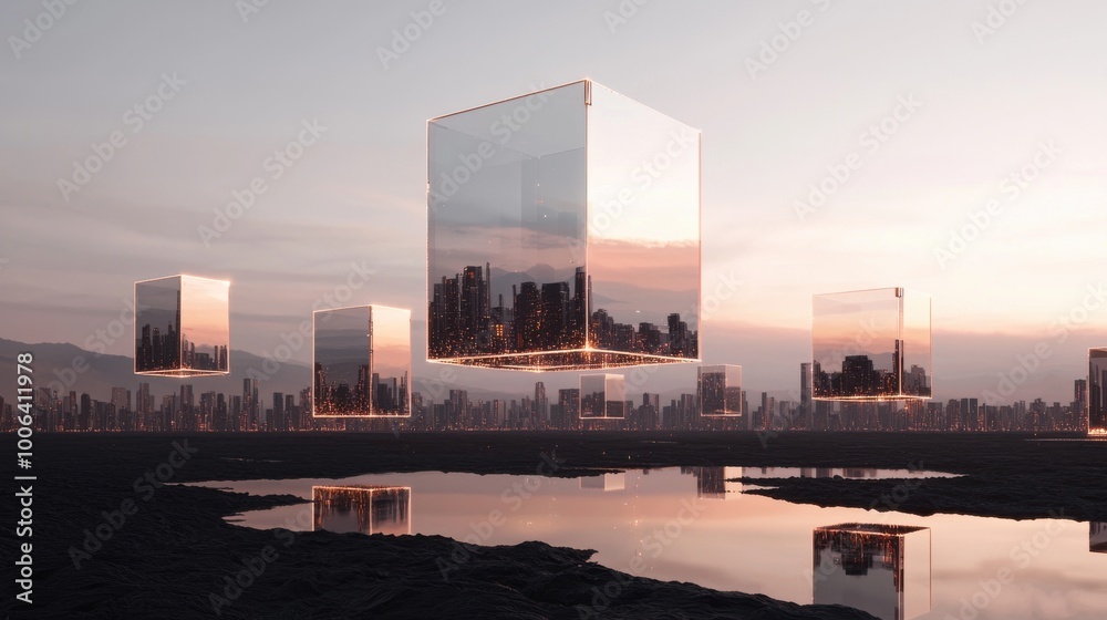 Poster a futuristic city skyline with transparent cubes floating above it, each representing different aspe