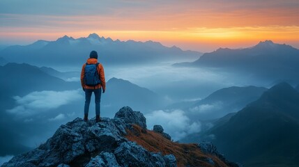 A lone figure stands on a mountain peak, admiring a vibrant sunrise over misty valleys.