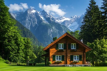 The beautiful view of a mountain house with green trees in the mountains