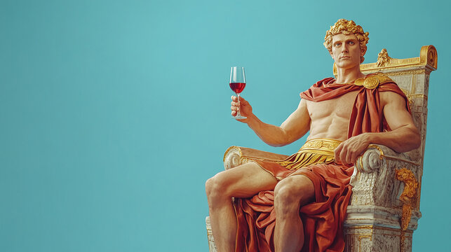 Full body portrait of rich wealthy ancient roman citizen sit throne hold wine glass empty space isolated on blue color background