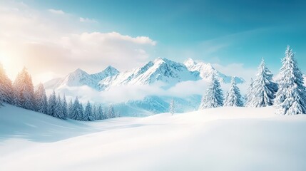A breathtaking winter landscape featuring snow-covered mountains and evergreen trees under a clear blue sky. Perfect for nature lovers and adventure enthusiasts.