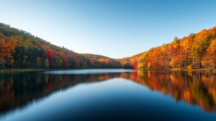 Fototapeta premium Vibrant autumn colors fill Hendrie Valley as leaves of red, orange, and yellow reflect beautifully in a serene lake, framed by towering trees and bright blue skies