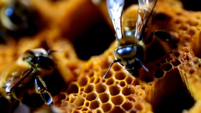 Close-up of bees constructing golden honeycombs in a hive, showcasing teamwork and precision