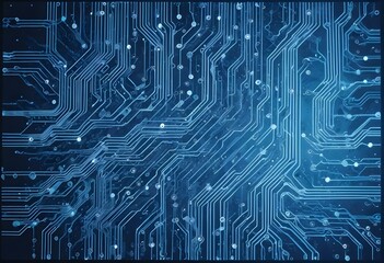 Abstract blue circuit board background with glowing lines and dots