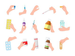 Human hands with medicines healthcare vitamins and treatment set vector flat illustration
