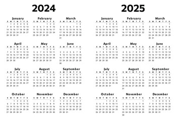 2024 and 2025 year english vector calendars with 12 months, black colors