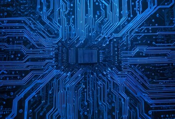 Abstract blue circuit board background with glowing lines and dots