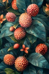 Fototapeta premium Detailed lychees watercolor pattern, Fresh lychee or litchi fruit Vector illustration, hand-drawn lychee, Fresh lychee fruit, lychee illustration, lychee pattern, half-sliced lychee fruit