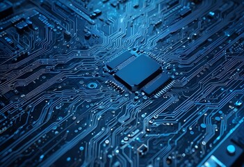 Abstract blue circuit board background with glowing lines and dots