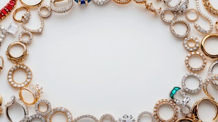 Obraz premium A beautiful trail of rings, bracelets, and necklaces arranged in a circular formation on a minimalist white background, symbolizing opulence