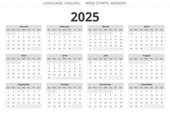 2025 year english vector calendar with 12 months, grey colors. Week starts monday