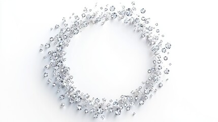Obraz premium A beautiful circular pattern of sparkling diamonds forming a radiant trail on a white background, symbolizing elegance and refinement