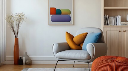  Stylish living room with a mid-century modern chair, colorful pillows, and a unique knot cushion, creating a cozy and contemporary space. Mock up poster. 