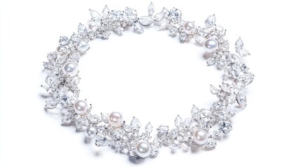 A captivating circle trail of sparkling jewelries, including diamonds and pearls, set against a clean white background, exuding luxury