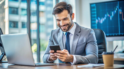 Smiling businessman using phone at modern office