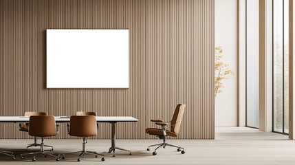 Blank poster mockup on the wall of a modern office interior, with a meeting table and chairs in the foreground.