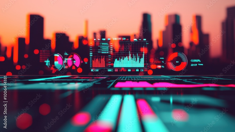 Aufkleber a glowing digital dashboard with multiple data charts and graphs, floating in midair, with a sleek m