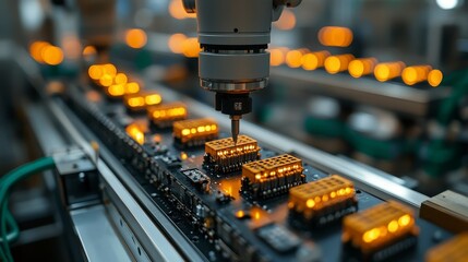 A robotic arm assembling electronic components on a circuit board in a factory setting.