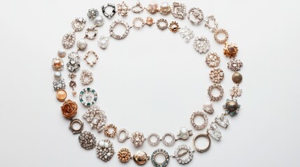 Obraz premium A mesmerizing array of jewelry arranged in a perfect circle trail, creating a stunning display on a minimalist white background