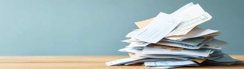 A disorganized stack of papers on a wooden table against a soft blue background.