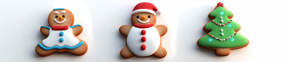 3D render of gingerbread man, snowman, and Christmas tree cookies in a line, isolated on a white background.