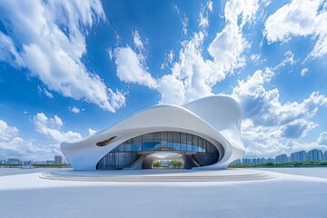 Modern white building with a wavy facade, set against a bright blue sky with fluffy white clouds. 