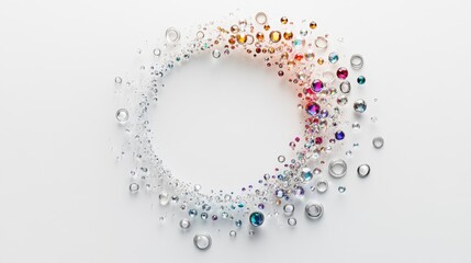 Obraz premium An intricate circle of rings and gemstones creating a shimmering trail on a minimalist white background, representing luxury