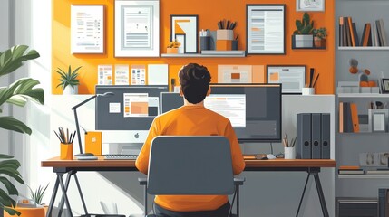 Fototapeta premium Productive Home Office Setup with Professional Working Remotely in a Well-Organized Workspace