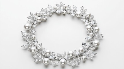 Sparkling jewelry pieces, including diamonds and pearls, arranged in a perfect circle trail, set against a clean white background
