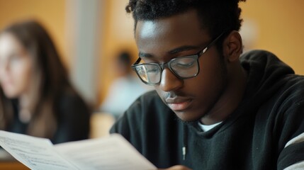 Obraz premium Detailed shot of exam questions being carefully read by a focused student in a classroom setting.