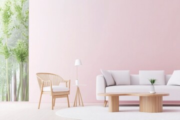 A minimalist living room with light pink walls, a white sofa and chairs , coffee table,  table lamp  and carpet on the floor