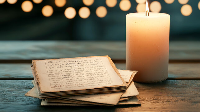 A warm candle illuminates handwritten letters on a rustic table, creating a cozy and nostalgic atmosphere perfect for reflection.