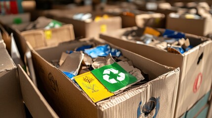 Detailed view of recycled cardboard boxes ready for repurposing, showing realistic textures and eco-friendly labels.