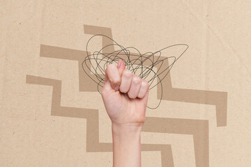 Creative collage picture human body fragment hand show fig rude non verbal gesture thumb fingers mocking provocative bad behavior