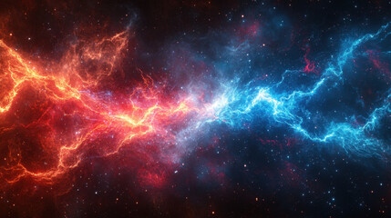 Fototapeta premium Versus background, A vivid collision of blue and red neon energy elements bursts together on a dark background, creating an electrifying splash effect. The dynamic fusion radiates