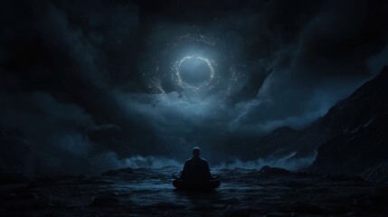 A silhouetted figure meditates under an awe-inspiring cosmic spiral of stars, capturing the vastness and mystery of the universe in a transcendent moment.