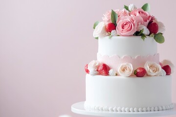 Beautiful wedding cake with strawberries and roses on a white stand against a pink background