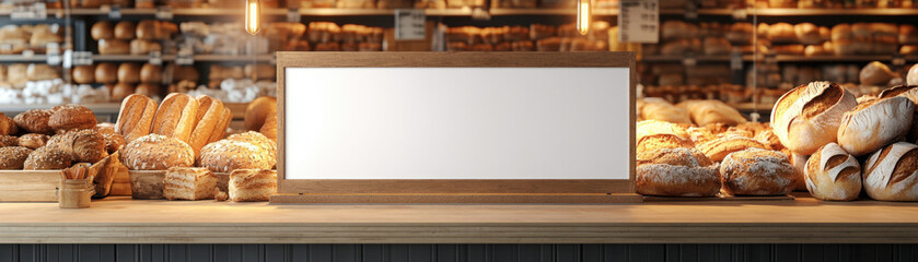 discount grocery signs,  Blank mockup sign positioned near the fresh bakery section of a grocery store, surrounded by delicious bread and pastries, emphasizing a clean and appealing
