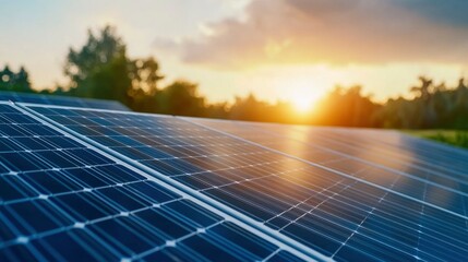 Close-up of solar panels under the sunset, intricate grid patterns visible, reflection on the glass surface