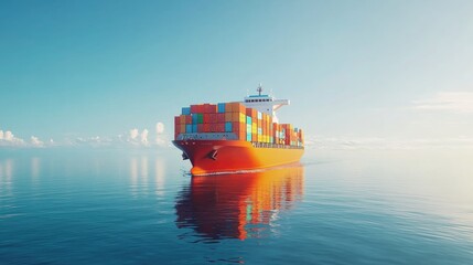 Fototapeta premium Freight ship packed with containers sailing under clear skies, reflecting international trade and global shipping. No logos visible.