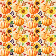 pumpkins, leaves and sunflower flowers watercolor seamless pattern. Bright fall thanksgiving, harvest festival design