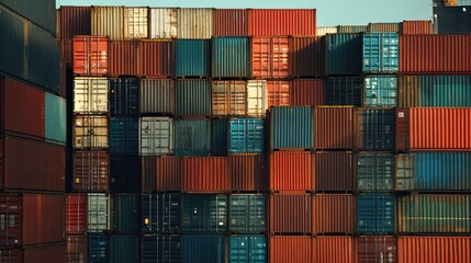 Obraz premium Global shipping concept with containers stacked on a large freight ship bound for international destinations. No logos.