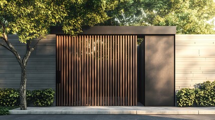  Modern wooden fence with metal gate, modern home entrance design, exterior front view