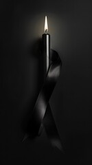 Burning black candle with a black ribbon wrapped around it on a dark background. Symbol of mourning, grief, solemnity.