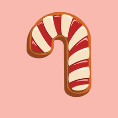 Candy cane-shaped gingerbread cookie with red and white icing. Perfect for holiday cards, festive packaging, and Christmas-themed projects.