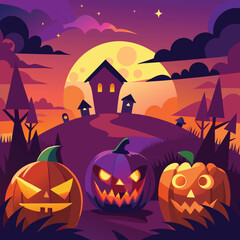 Halloween Jack-o-Lantern Pumpkins on rustic wooden background