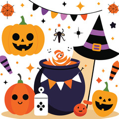 Halloween Jack-o-Lantern Pumpkins on rustic wooden background