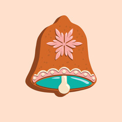 Gingerbread bell-shaped cookie decorated with white and pink icing details. Ideal for Christmas-themed cards, festive designs, and holiday projects.