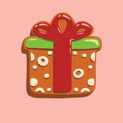Gift box-shaped gingerbread cookie with a red bow and white icing details. Great for holiday cards, Christmas packaging, and festive designs.