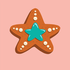 A star-shaped gingerbread cookie with a blue icing center and white icing details. Perfect for festive holiday cards, Christmas designs, and seasonal projects.